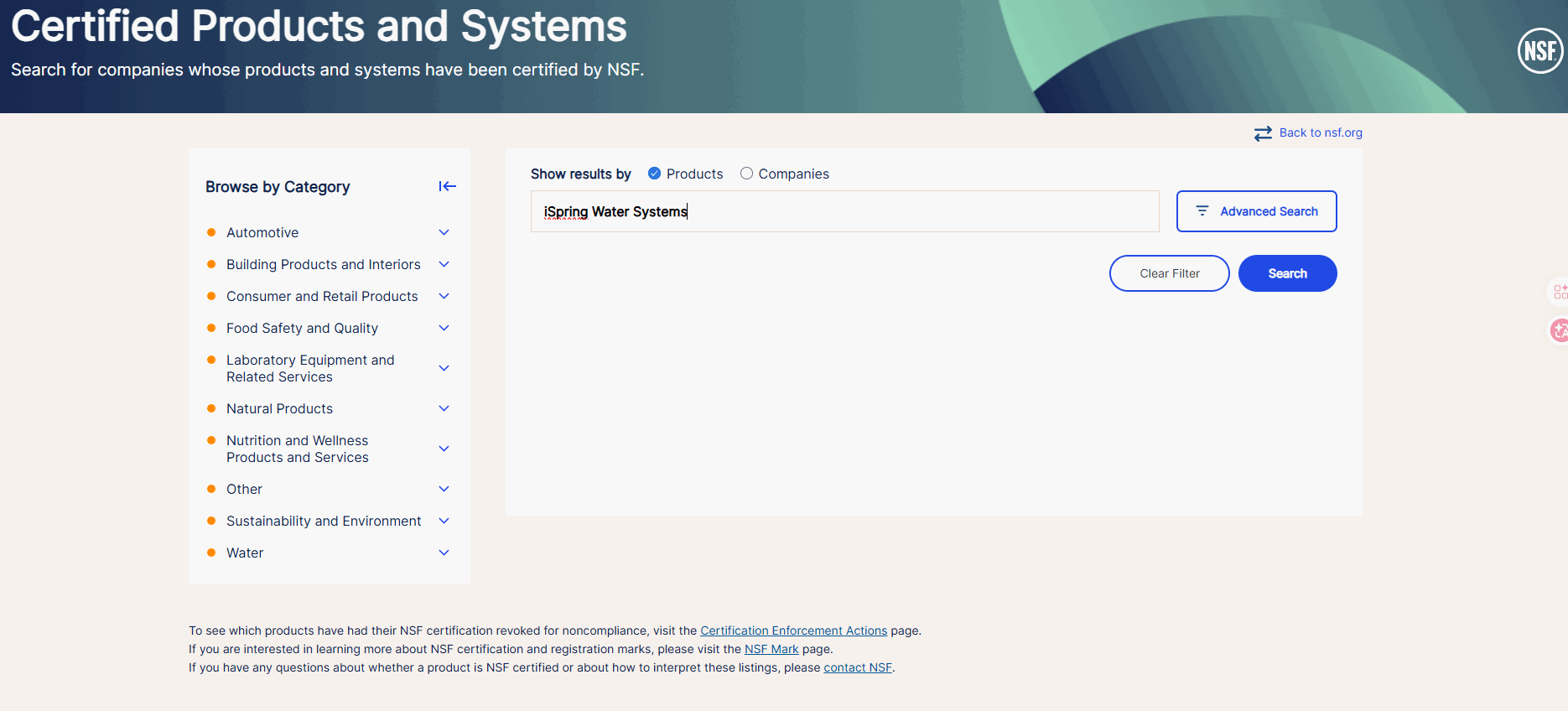 NSF certified products and systems online database